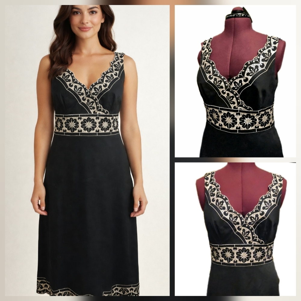 🐇🪺🌸 Vintage Ann Taylor Black Linen Embroidered Sleeveless Dress• Lined• 14